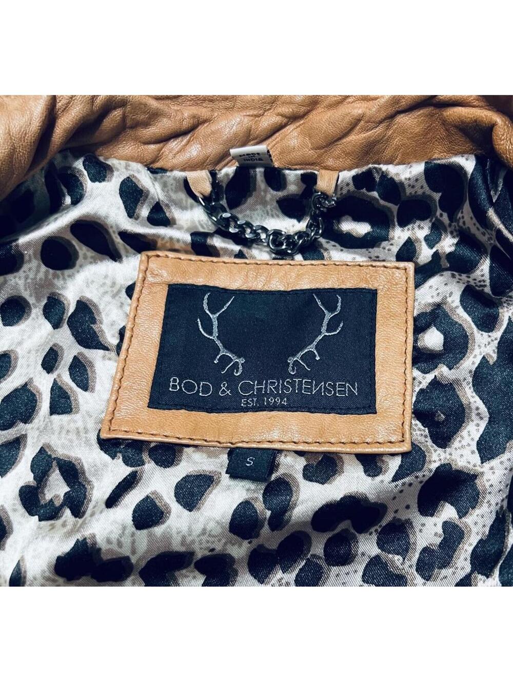Bod & Christensen Tan Lambskin Leather Moto Jacket Leopard Print Lining Small - Picture 5 of 7